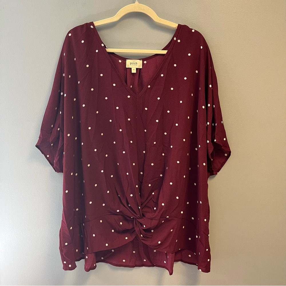 Perch by Blu Pepper Blouse Maroon Polka Dot V Neck Knot Front 3X EUC Short Slv
